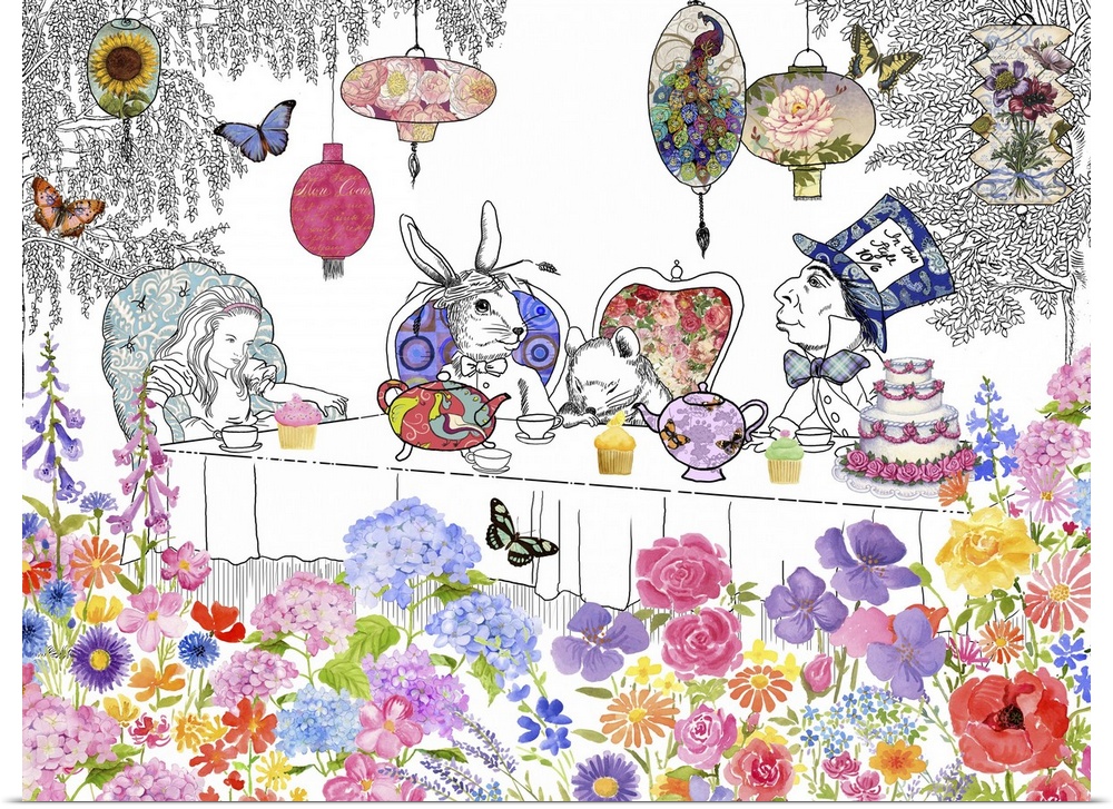 Illustration of Alice at the Mad Hatter's tea party, with colorful flowers and butterflies.