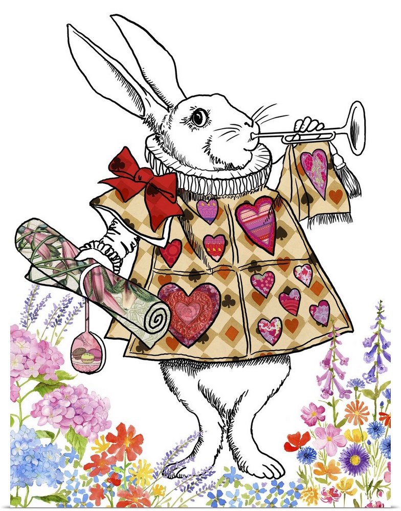 Illustration of the White Rabbit from Alice in Wonderland wearing a red heart shirt and blowing a trumpet.