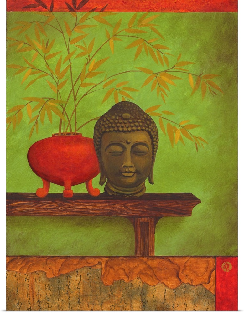 Asian style artwork of a bust of Buddha on a shelf with a red vase full of bamboo.