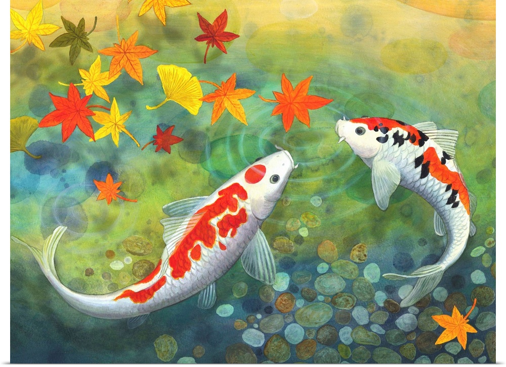 Two koi in a pond looking at fall leaves.