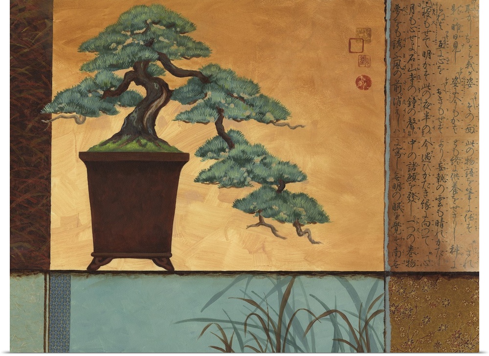 Asian style painting of a bonsai plant in a tall vase.