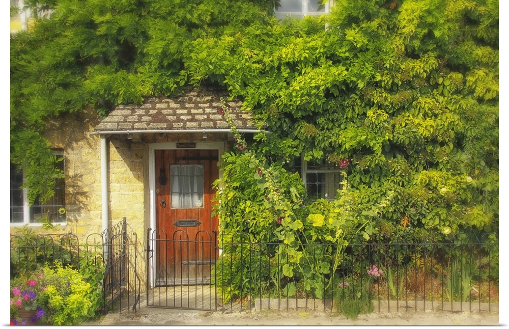 A cottage with a red door peeking out from lush green foliage.