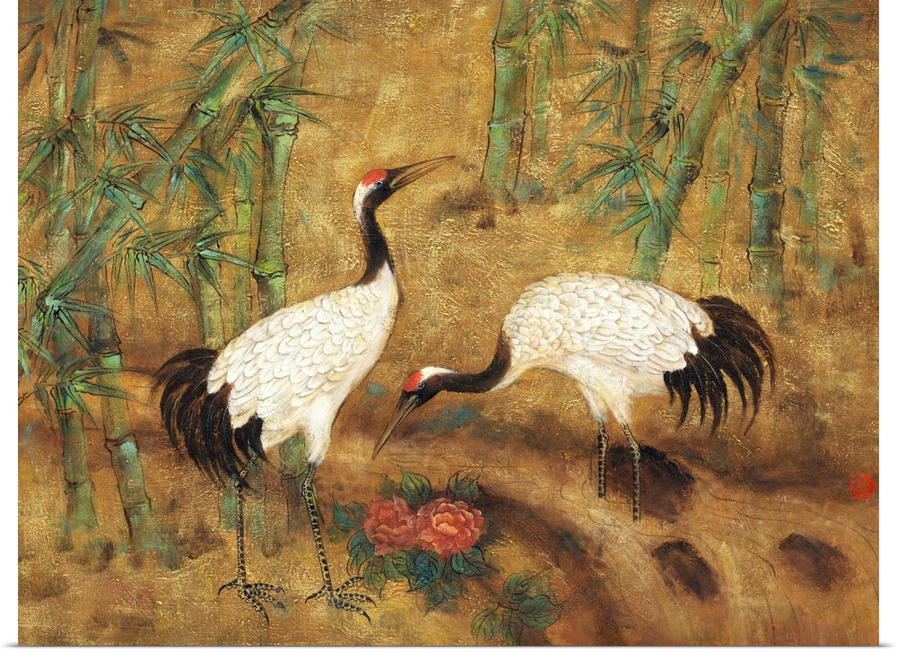 Asian style painting of two cranes foraging in bamboo.