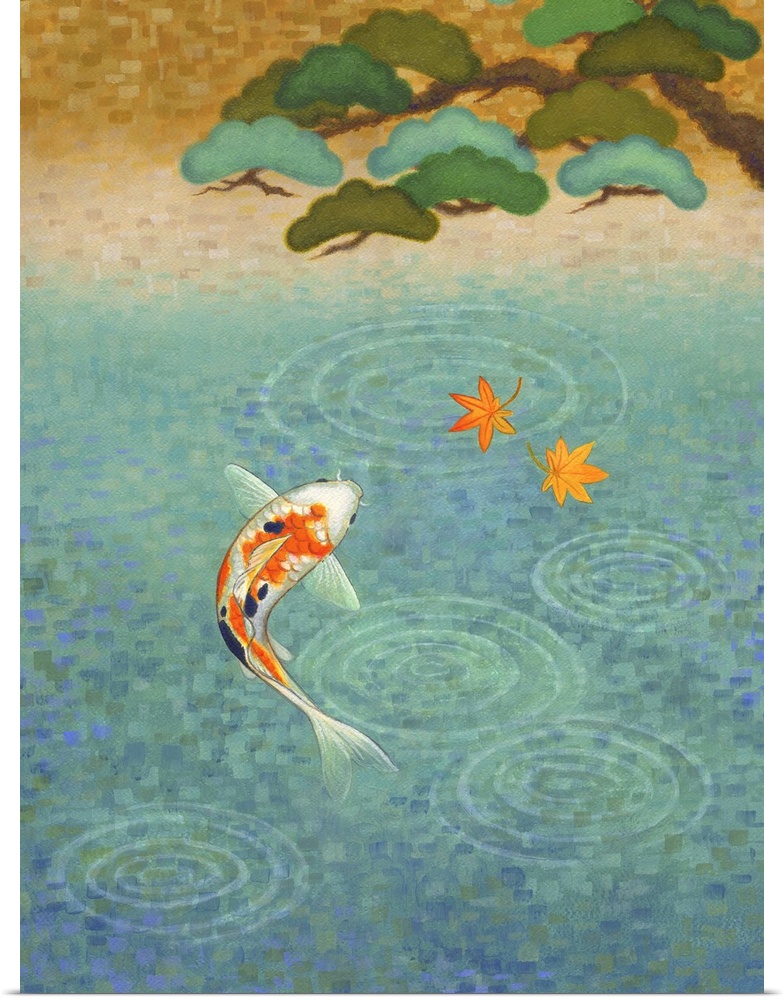 A colorful koi fish swimming in a pond under a tree.