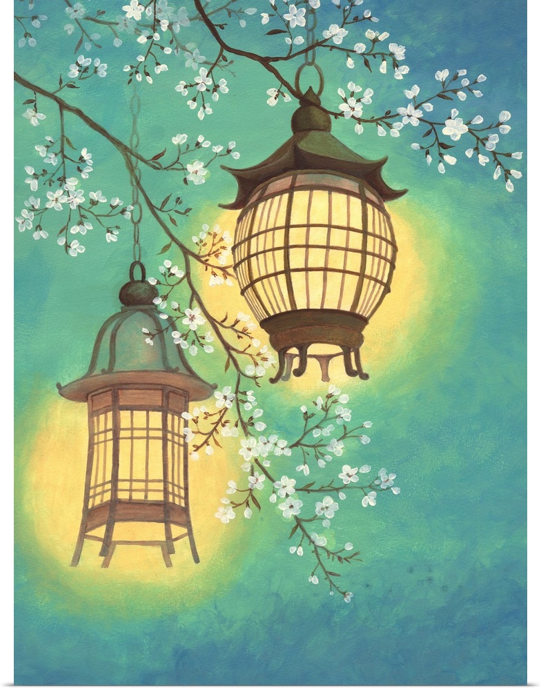 Asian style painting of two lit lanterns hanging in a cherry tree.