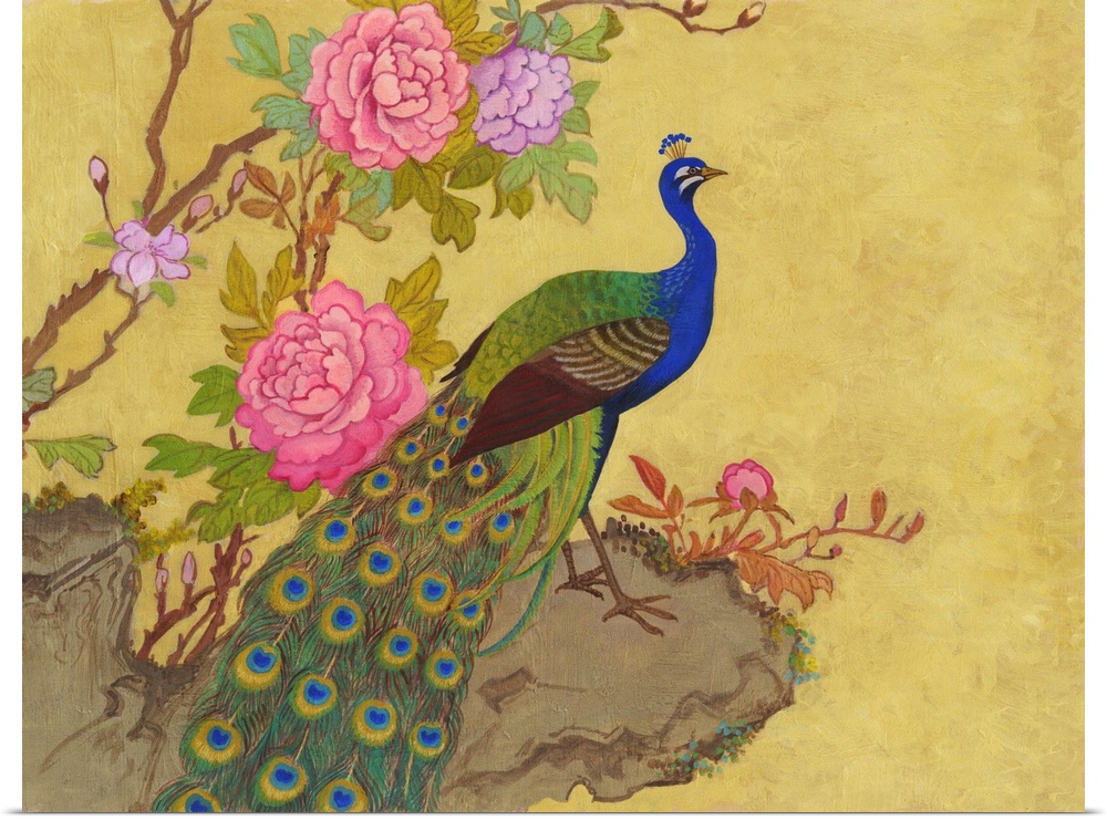 Chinese style painting of a peacock standing on a ledge with pink peonies.