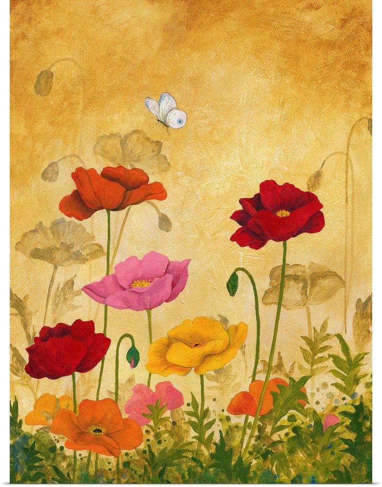 Asian style artwork of a garden of red, pink, and orange poppies.