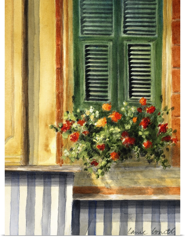 This home docor is a contemporary painting of a shuttered window with a small flower box at its base.