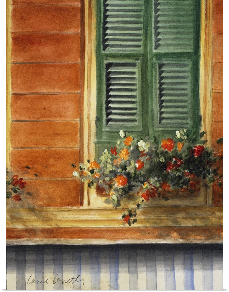 A painting of flowers that sit in a pot just below a window with green shutters that are closed.