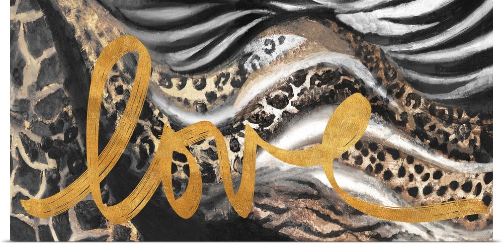 Golden text over animal print patterns.