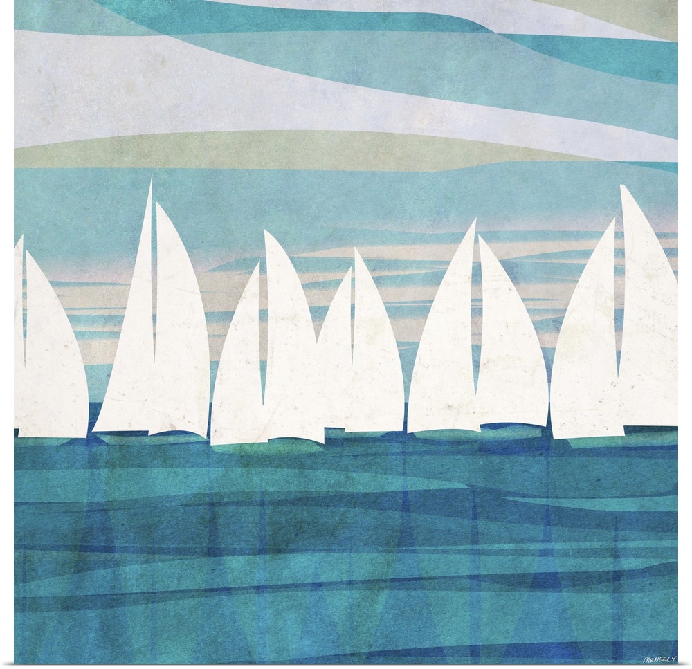 Abstract painting on a square canvas of sailboats floating on the water.
