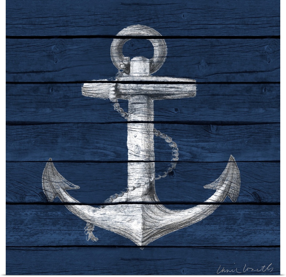 A painting of an anchor on a blue wood paneled background.