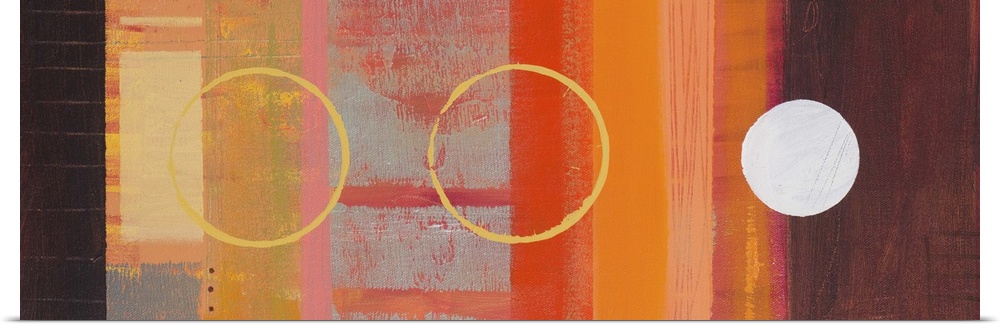 Abstract painting in warm orange and brown shades, with circular shapes and blocks of color.