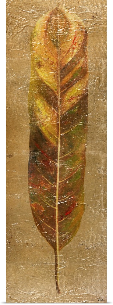 Contemporary painting of a broad leaf in gold tones.