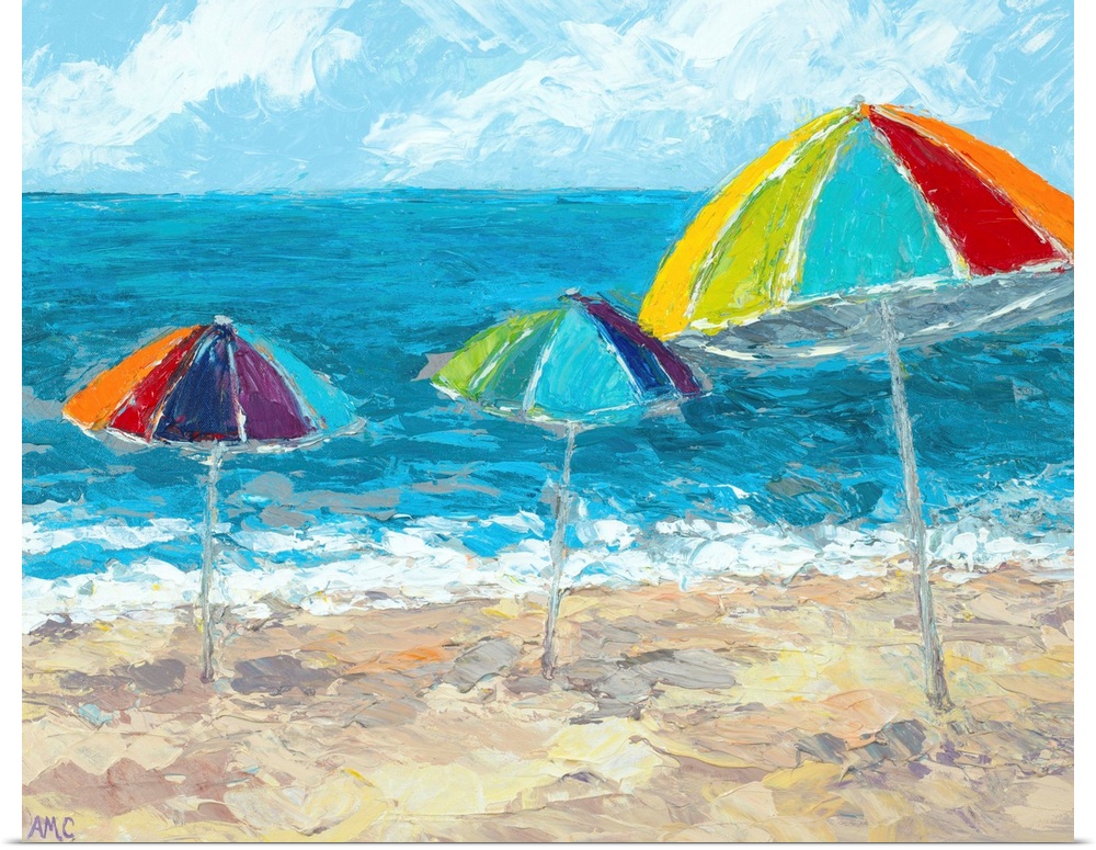 Painting of three beach umbrellas in the sand, overlooking the ocean.
