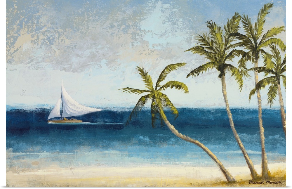 Painting on canvas of palm trees on a beach with a sailboat sailing in the ocean.