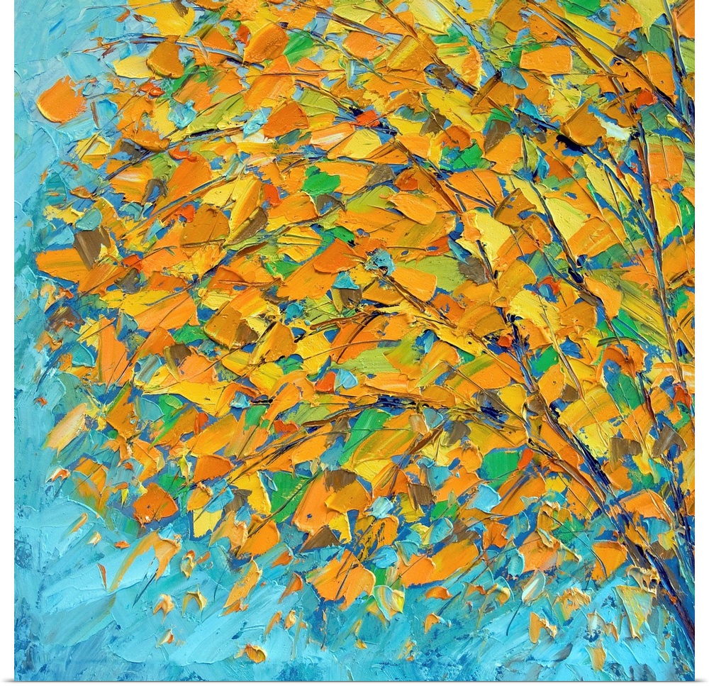 Contemporary painting of a tree with autumn foliage against a blue background.