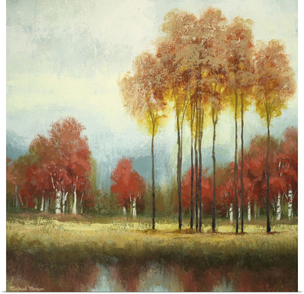 Painting of a countryside clearing with tall and short trees in autumn foliage in front a river.