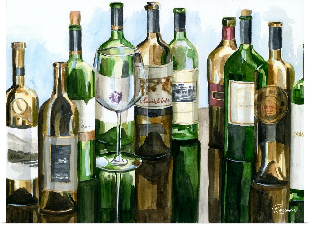 Contemporary painting of a collection of green and brown wine bottles.