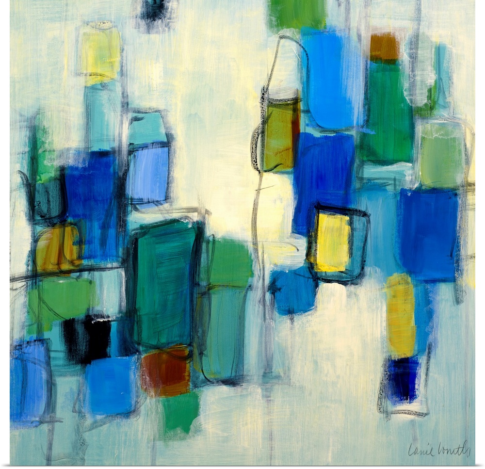 Abstract painting of several organic shapes in cool tones, reminiscent of coastal waters.