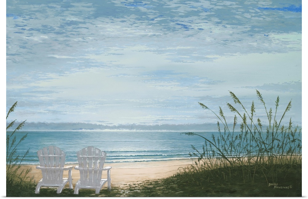 Contemporary painting of two adirondack chairs in the sand overlooking the beach.