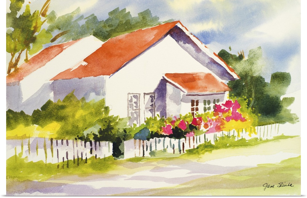 Painting of a white beach house with a red roof.