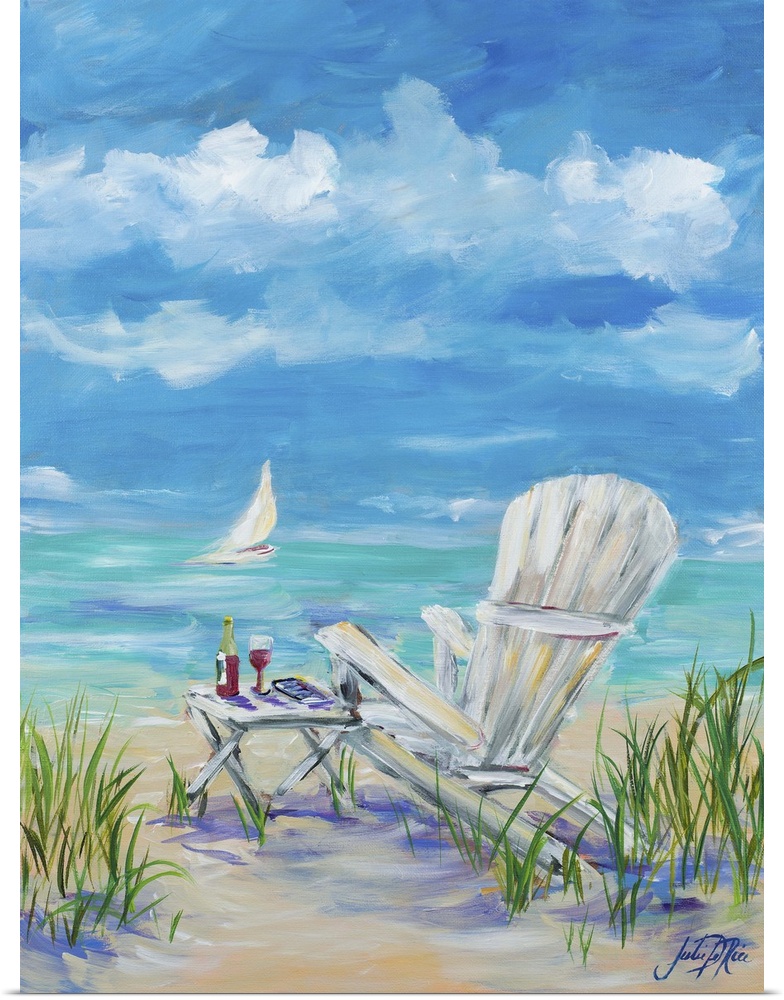 Contemporary painting of a relaxing beach scene with a white beach chair and a table with red wine and a sailboat in the d...