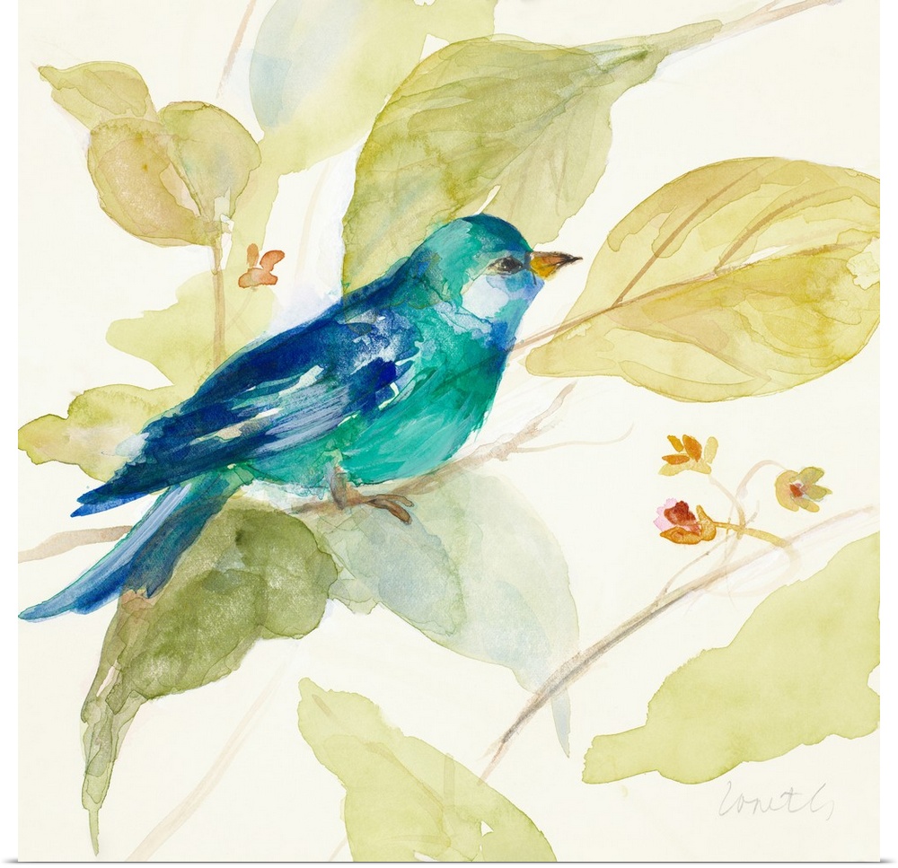 Square watercolor painting of a bird made with different shades of blue perched on a tree branch, surrounded by green, yel...