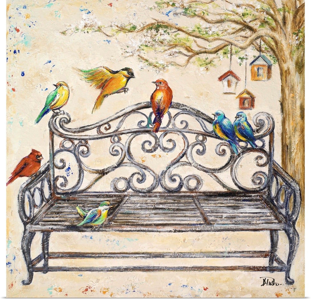 Colorful birds sitting on an iron bench near a tree with bird houses.