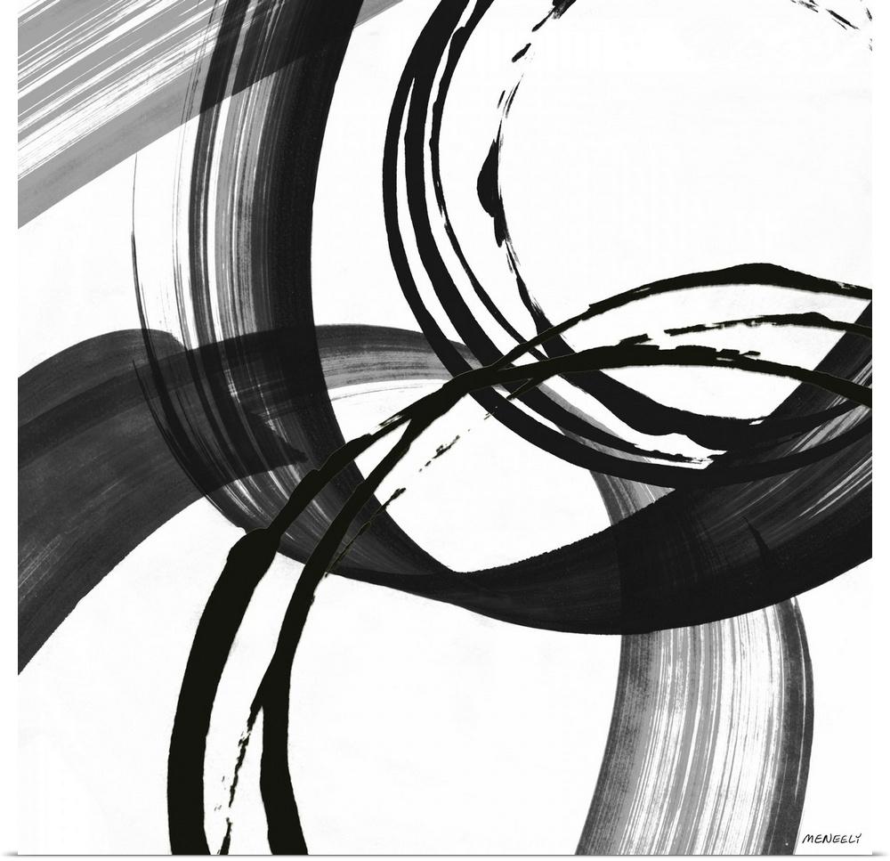 A contemporary abstract painting with big circles using black and white hues.