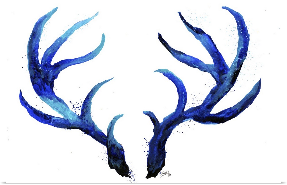 Watercolor painting of a set of blue antlers with light paint splatter around on a white background.