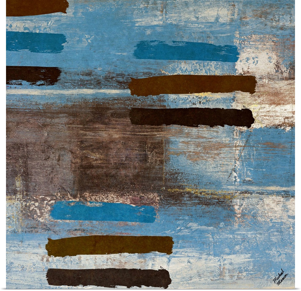 Contemporary abstract painting of grouped lines on a distressed background.