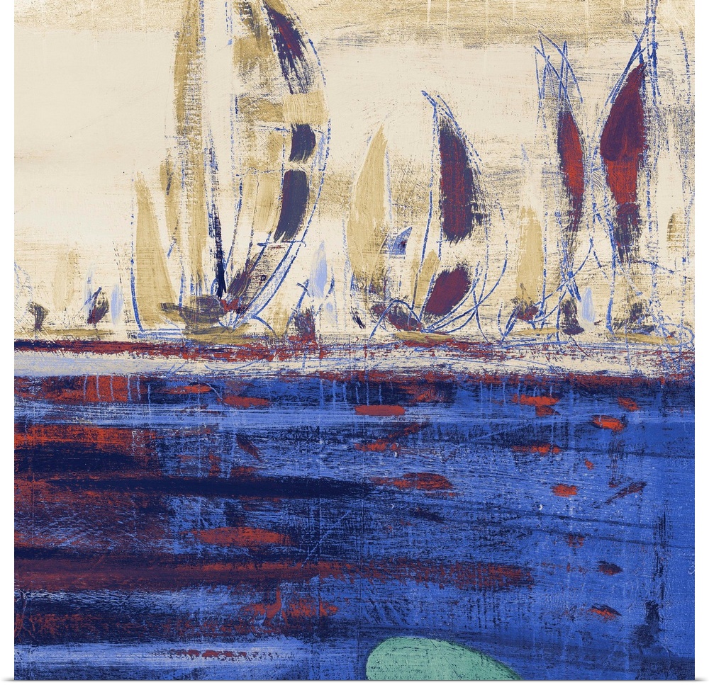 Abstract contemporary artwork of boats with tall sails on the water.