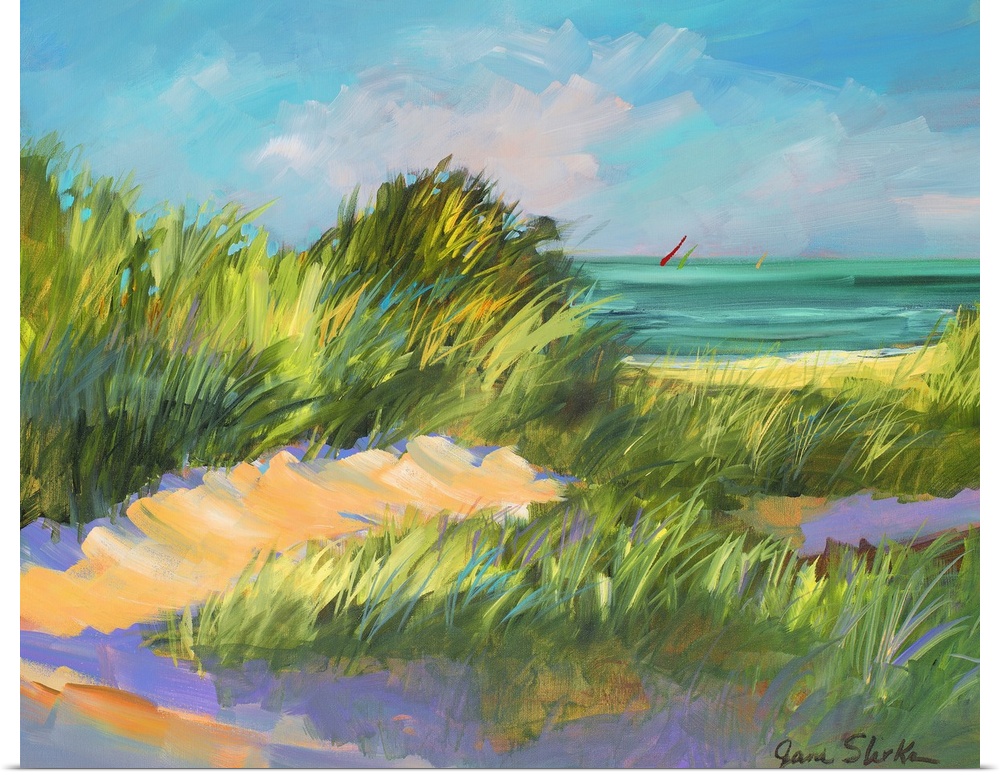 A beautiful piece of artwork that is a painting of grass on the beach dunes that is blowing in the wind with the ocean sho...