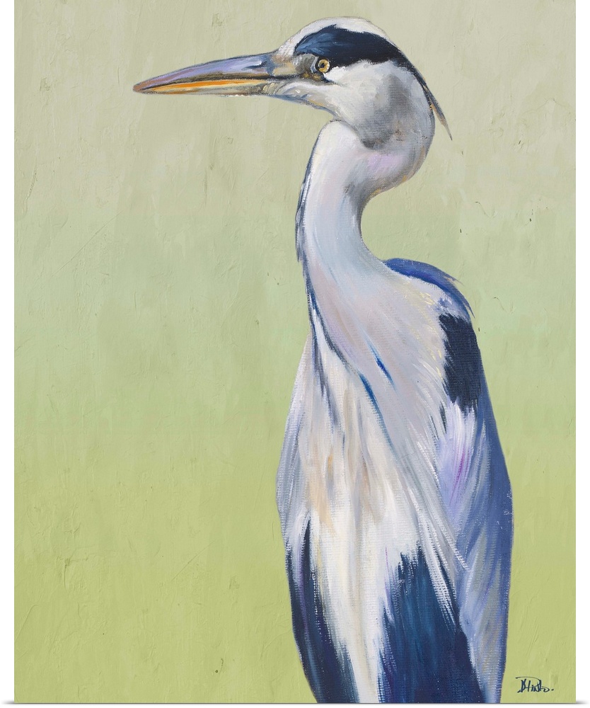 Contemporary painting of a Great Blue Heron against a pale green background.