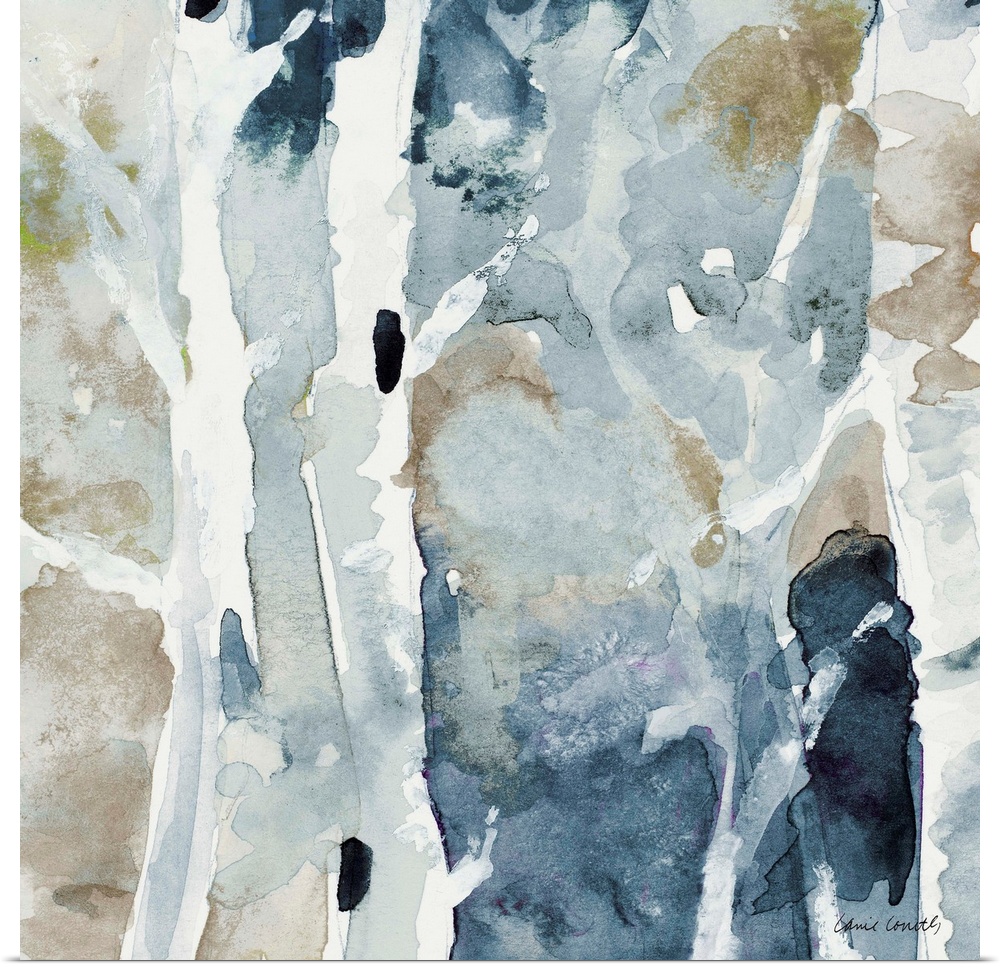 Contemporary artwork featuring energetic watercolor dabs of color revealing birch trees in the negative space.