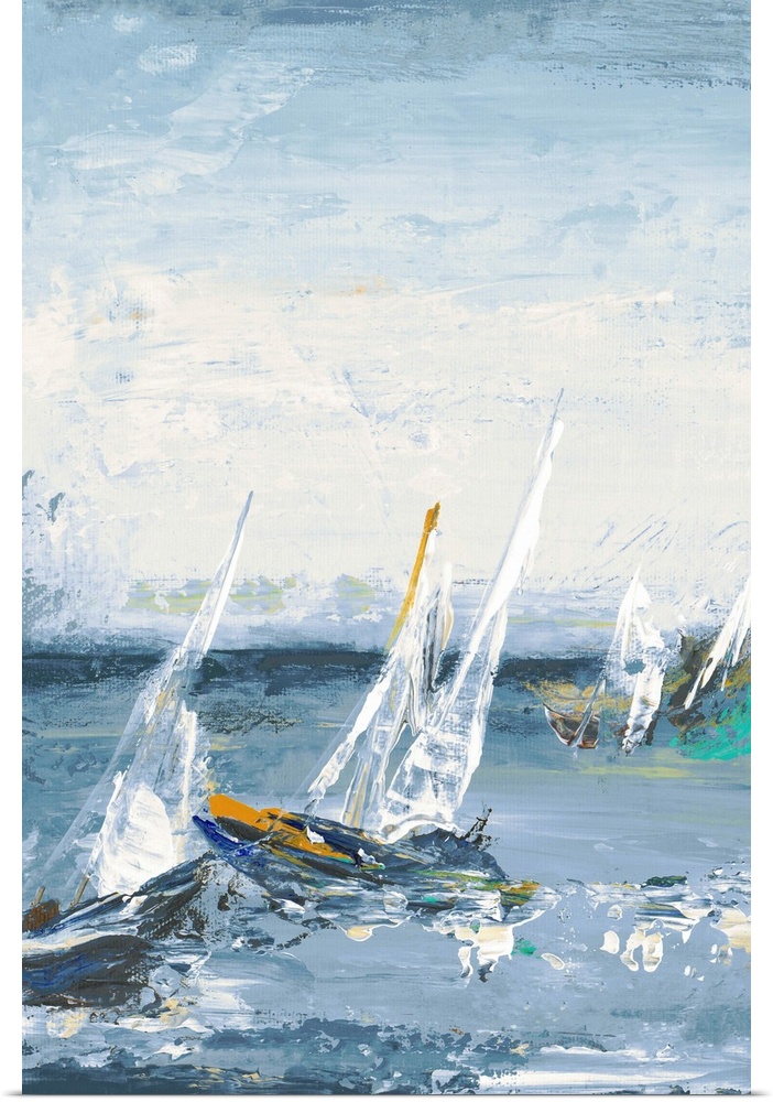Contemporary painting of sailboats in the middle of the ocean with rough waves and visual paint texture.