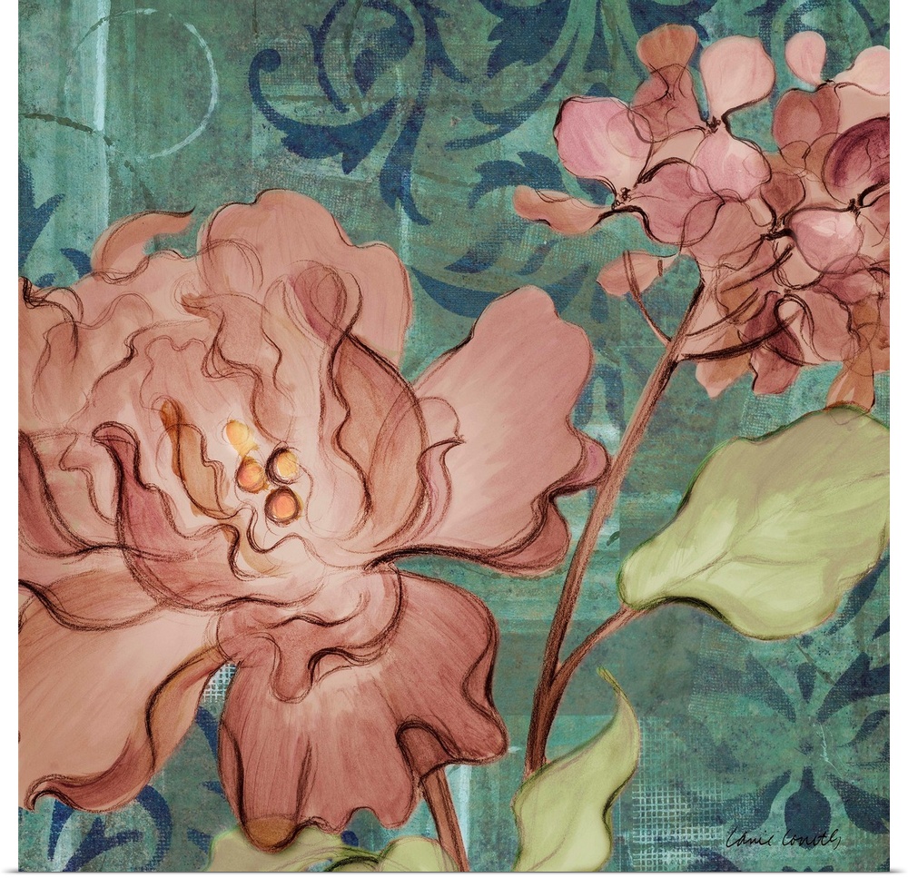 Contemporary painting of dark orange lilac flowers against a background of ornate designs.