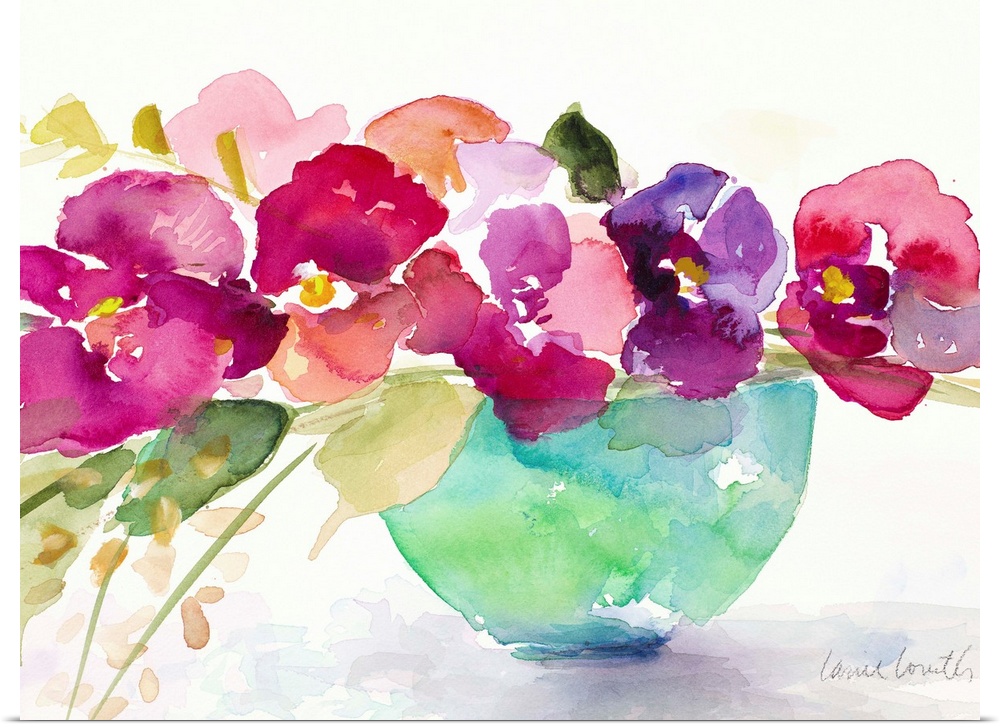 Watercolor painting of flowers in a blue bowl.