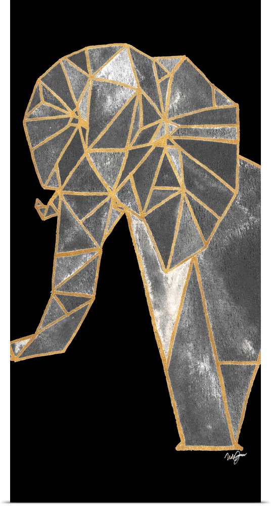 Abstract elephant created with metallic gold geometric shapes on a solid black background.