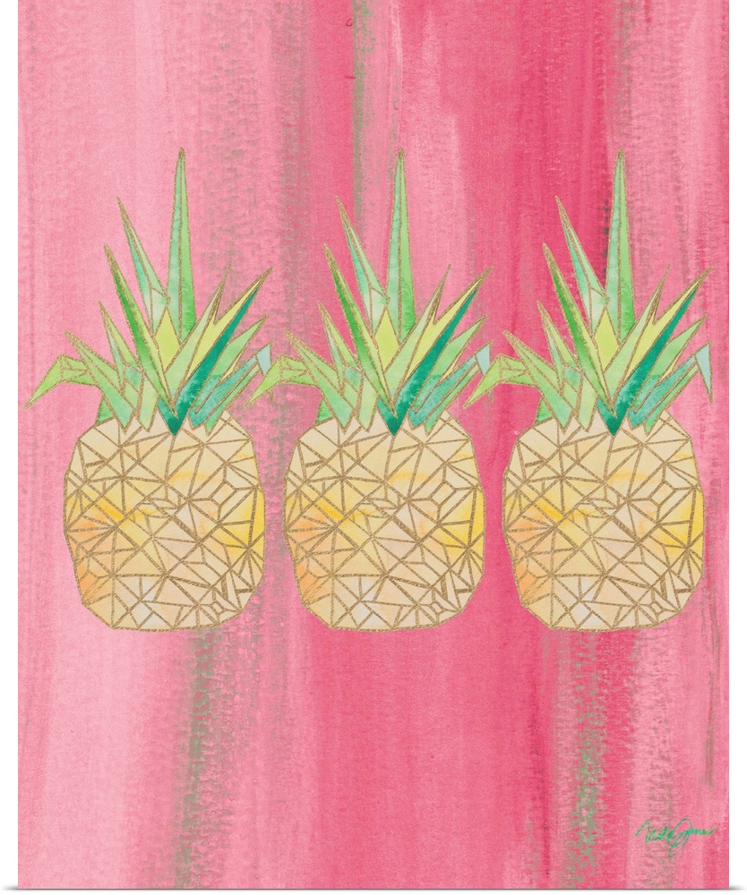 Painting of three pineapples created with metallic gold geometric shapes on a pink background.