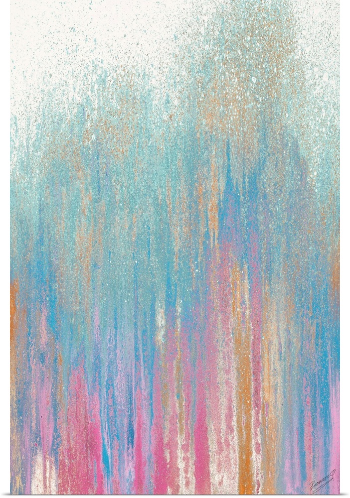 Abstract painting with streaks and platters, resembling a forest.