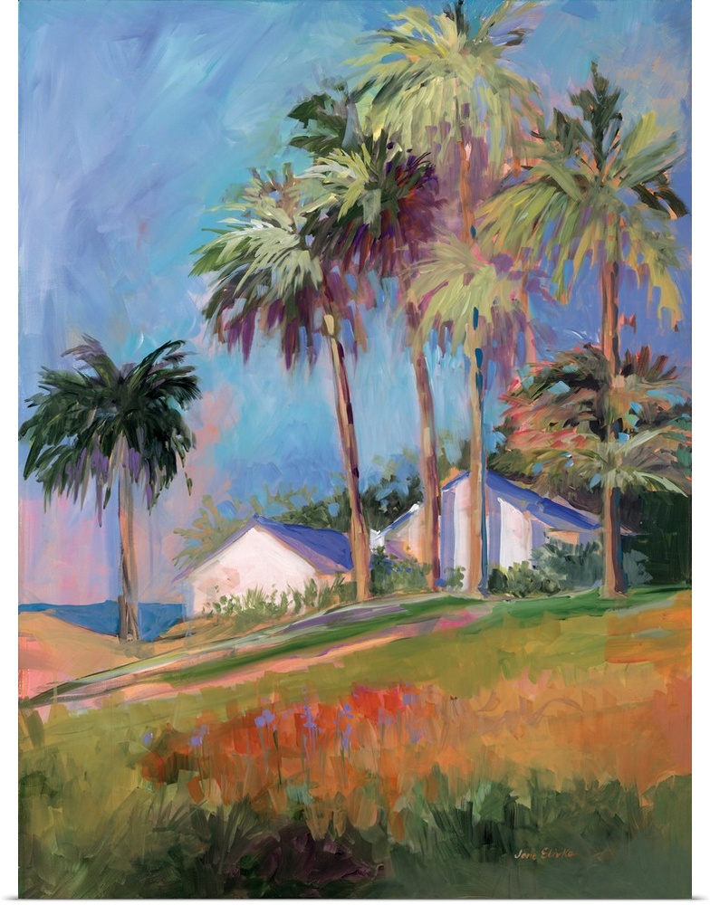 Contemporary painting of a house surrounded by tall palm trees on the coast.