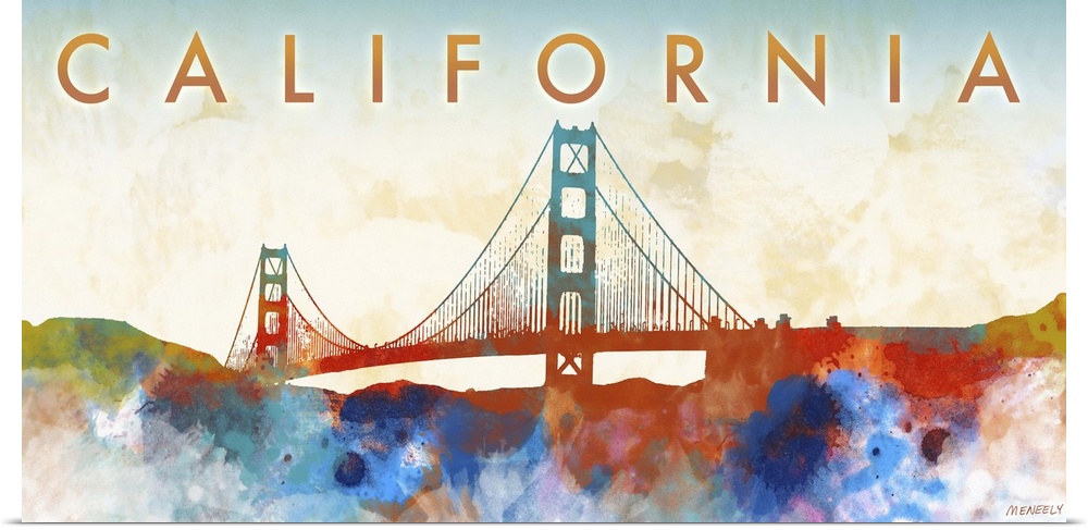 Watercolor-style silhouette of the Golden Gate bridge and the text "California."