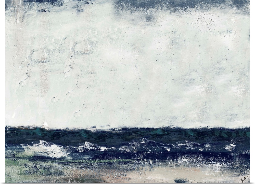 A contemporary abstract painting of the ocean at Cape Cod with dark blues and an overcast sky.