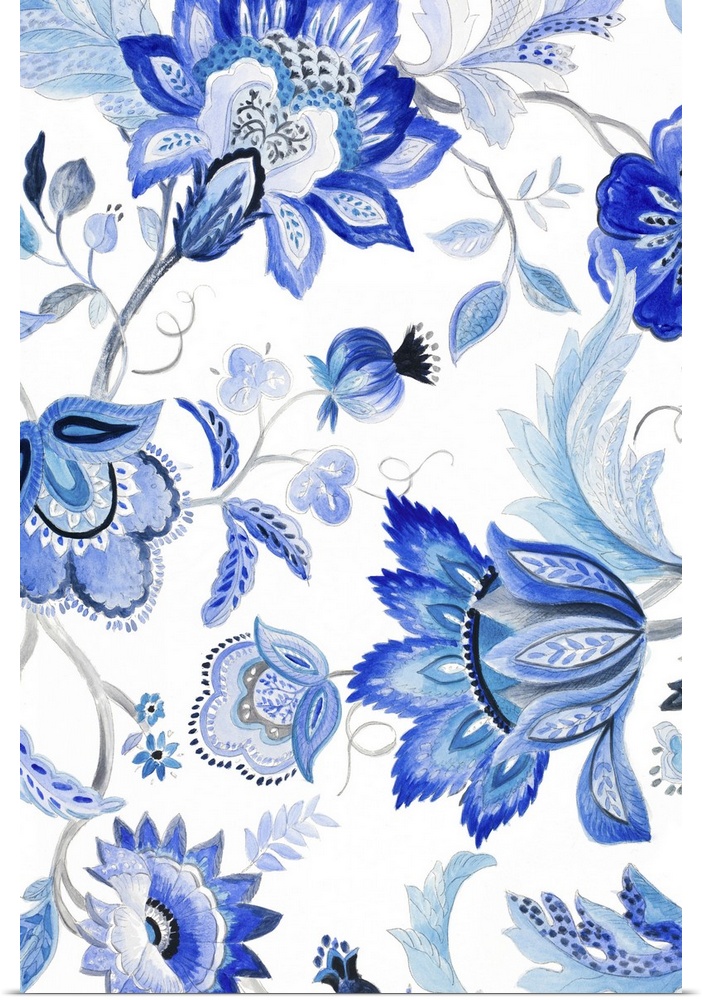 Contemporary blue floral pattern against a white background.