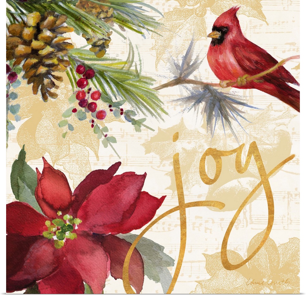 Seasonal holiday artwork featuring a poinsettia and a cardinal, with the word "Joy."