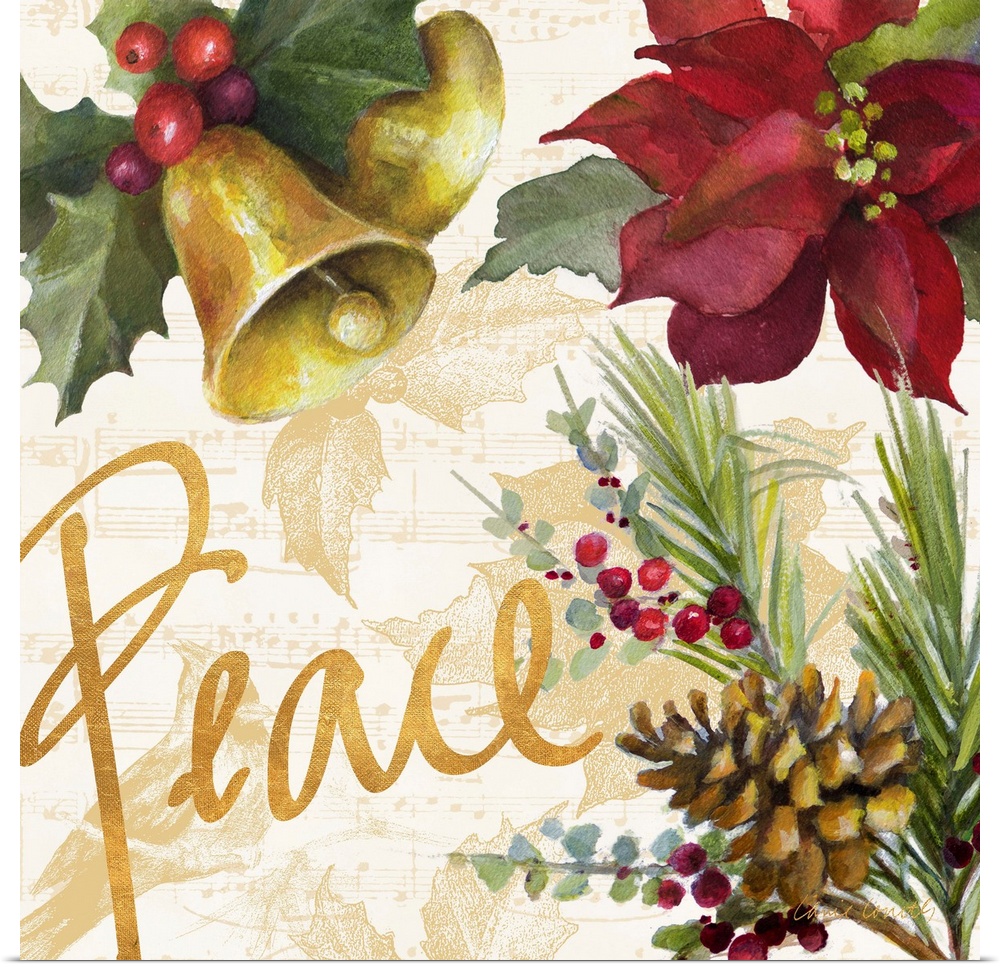 Seasonal holiday artwork featuring a poinsettia and bells, with the word Peace.