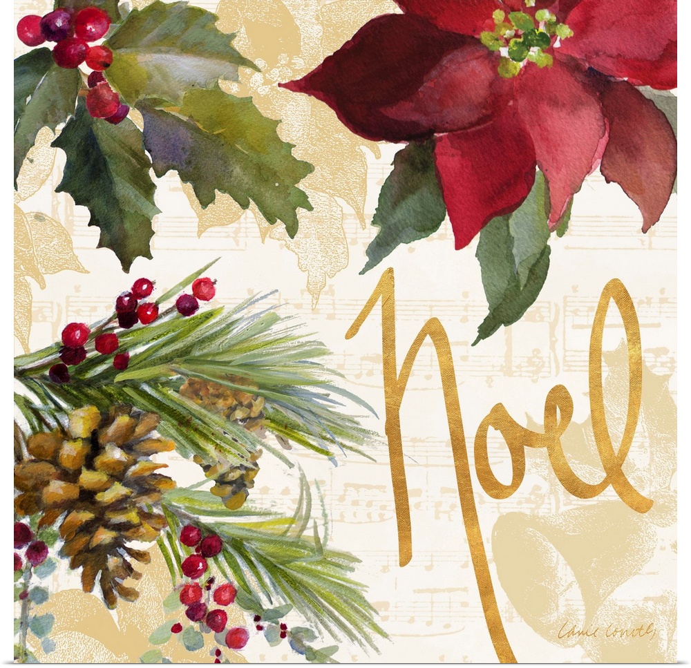 Seasonal artwork with gold text and pinecones and a poinsettia.