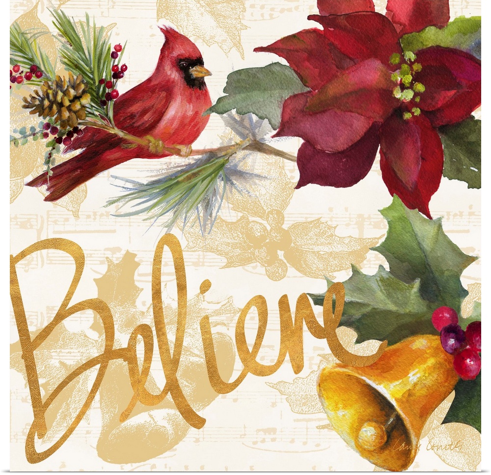 Seasonal artwork with gold text and a cardinal and poinsettia.